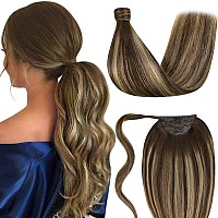 Laavoo Ponytail Hair Extensions Real Human Hair Ombre Brown Fading To Dark Browm Mix Caramel Blonde Pony Tails Hair Extensions B