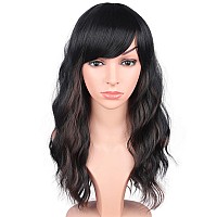 Symeiw Blonde Wavy Wig With Bangs For Women Shoulder Length Blonde Synthetic Wigs Natural Wavy Blonde With Dark Brown Roots Wigs