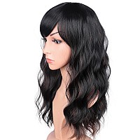 Symeiw Blonde Wavy Wig With Bangs For Women Shoulder Length Blonde Synthetic Wigs Natural Wavy Blonde With Dark Brown Roots Wigs