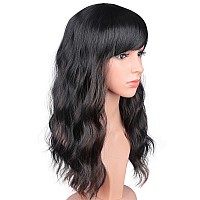 Symeiw Blonde Wavy Wig With Bangs For Women Shoulder Length Blonde Synthetic Wigs Natural Wavy Blonde With Dark Brown Roots Wigs