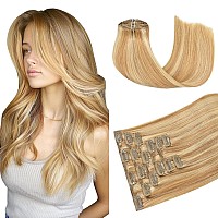 Clip In Hair Extensions Real Human Hair Strawberry Blonde Highlighted Golden Blonde Human Hair Extensions 22Inch 120G 7Pcs Doubl