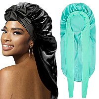 2Pcs Bonnets For Black Women Braid Bonnet Large Long Satin Bonnet For Braids Silk Bonnet With Stretchy Tie Band Sleep Cap Hair