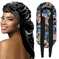 2Pcs Bonnets For Black Women Braid Bonnet Large Long Satin Bonnet For Braids Silk Bonnet With Stretchy Tie Band Sleep Cap Hair