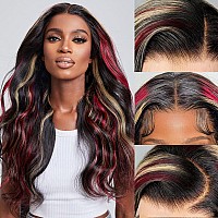 Faba Skunk Stripe Black Red Blonde Highlight Wig Human Hair 28 Inch 13X4 Hd Lace Colored Wigs Human Hair Red Blonde And Black Hu