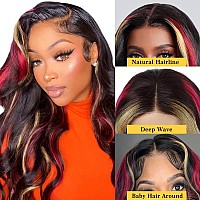 Faba Skunk Stripe Black Red Blonde Highlight Wig Human Hair 28 Inch 13X4 Hd Lace Colored Wigs Human Hair Red Blonde And Black Hu