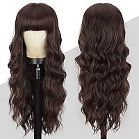 Lativ Brown Wig With Bangs Long Wavy Reddish Brown Wigs Synthetic Heat Resistant Curly Wigs For Women Daily Party Use 26 Inches