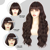 Lativ Brown Wig With Bangs Long Wavy Reddish Brown Wigs Synthetic Heat Resistant Curly Wigs For Women Daily Party Use 26 Inches