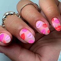 Sinsen Valentines Day Press On Nails Medium Almond Press On Nails With Lips Designs Glossy Red Pink Fake Nails With Glue Tabs