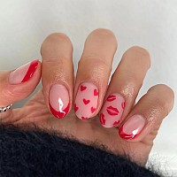 Sinsen Red Valentines Day Press On Nails Medium Almond Fake Nails French Tip Full Cover Glue On Nails With Red Lips Hearts Des