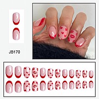 Sinsen Red Valentines Day Press On Nails Medium Almond Fake Nails French Tip Full Cover Glue On Nails With Red Lips Hearts Des