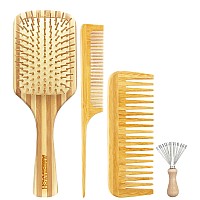 Bamboo Hair Brush Comb Set For Women Wooden Paddle Detangling Brush For Thick Thin Curly Straight Wavy Fine Hair Wide Tooth