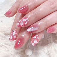 Medium Press On Nails Pink Flower Almond Fake Nails Spring Flowers Pink Glitter Acrylic Nails Shiny Glossy Gel False Nails Kit