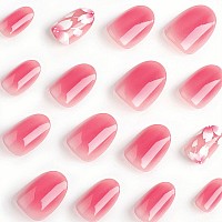 Medium Press On Nails Pink Flower Almond Fake Nails Spring Flowers Pink Glitter Acrylic Nails Shiny Glossy Gel False Nails Kit