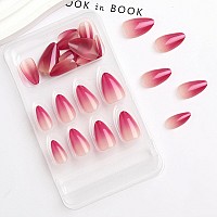 Medium Press On Nails Rose Red Gradient Almond Fake Nails Nude Pink Gel Acrylic Nails Shiny Glossy False Nails Kits Salon Qual