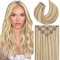 Caliee Blonde Clip In Hair Extensions 7Pcs Invisible Seamless Human Hair Clip Ins P860A Light Brown With Platinum Blonde Straig