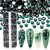 Jollin 3600Pcs Flatback Rhinestones Glass Charms Diamantes Gems Stones For Nail Art 6 Size Ss4Ss12 Box Dark Green