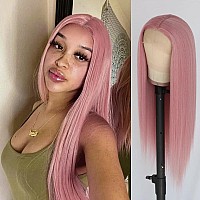 Aubree Pink Long Straight Synthetic Lace Front Wig Pre Plucked Pink Lace Front Wigs Glueless Natural Hairline Lace Wigs For Blac