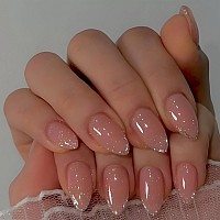 Mervf Almond Press On Nails Medium Fake Nails Press Ons Glitter Sliver French Tip Glue On Nails With Sparkle Design Stiletto Acr