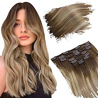 Ugeat Ombre Clip In Hair Extension Real Human Hair 18Inch Dark Brown To Ash Brown Mix Blonde Real Hair Extension Clip In Human H