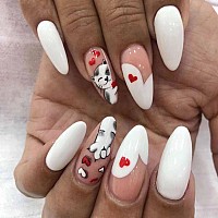 Imsohot Milky White Press On Nails Medium Almond Fake Nails With Cute Cat Heart Design Glossy Gel False Nails Acrylic Stick Glue