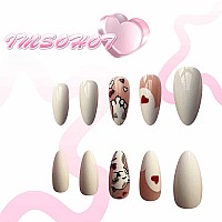 Imsohot Milky White Press On Nails Medium Almond Fake Nails With Cute Cat Heart Design Glossy Gel False Nails Acrylic Stick Glue