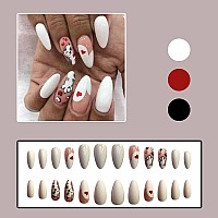 Imsohot Milky White Press On Nails Medium Almond Fake Nails With Cute Cat Heart Design Glossy Gel False Nails Acrylic Stick Glue