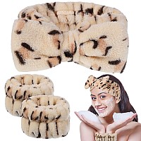 Besarme 3 Count Hairband Set Leopard Print Womens Velvet Face Wash Headband And Wristband Set For Facial Skincare Makeup