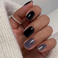 Short Press On Nails Square Fake Nails Black Glitter Gel Acrylic Nails Shiny Glossy False Nails Kits Salon Quality Stick Glue