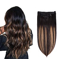 5 Pieces 22 Remy Clip In Hair Extensions Human Hair Natural Black To Chestnut Brown Highlight Ombre Silky Straight Short Thic