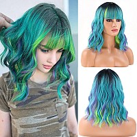 Beron 14 Inches Green Wig For Women Girls Green Purple Wig With Bangs Short Curly Wig Green Mix Purple Wigs