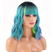 Beron 14 Inches Green Wig For Women Girls Green Purple Wig With Bangs Short Curly Wig Green Mix Purple Wigs