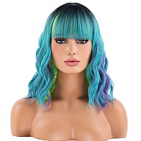 Beron 14 Inches Green Wig For Women Girls Green Purple Wig With Bangs Short Curly Wig Green Mix Purple Wigs