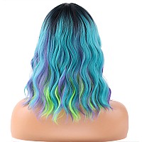 Beron 14 Inches Green Wig For Women Girls Green Purple Wig With Bangs Short Curly Wig Green Mix Purple Wigs