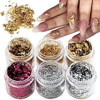 Fcozpjk Gold Foil Flakes For Nail Art 6 Bottles Irregular Silver Hot Pink Gold Leaf For Nails Golden Glitter Nail Decoration