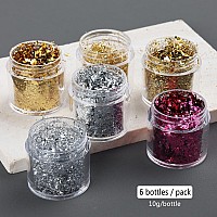 Fcozpjk Gold Foil Flakes For Nail Art 6 Bottles Irregular Silver Hot Pink Gold Leaf For Nails Golden Glitter Nail Decoration