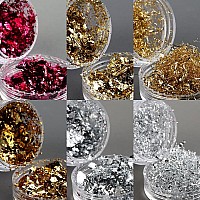 Fcozpjk Gold Foil Flakes For Nail Art 6 Bottles Irregular Silver Hot Pink Gold Leaf For Nails Golden Glitter Nail Decoration