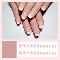 24 Pcs Press On Nails Sunjasmine Fake Nails With Designs Acrylic Nails False Nails With Nail Glue For Women White French Pink