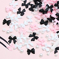 300Pcs Bow Nail Charms And Flatback Pearls Black White Pink Bowknot 3D Cute Nail Charms For Acrylic Nail Supplies Design White H