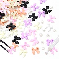 300Pcs Bow Nail Charms And Flatback Pearls Color Bowknot 3D Cute Nail Charms For Acrylic Nail Supplies Design White Flatback Hal