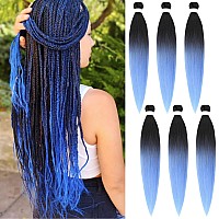 Gozill Blue Ombre Braiding Hair Pre Stretched Kanekalon Box Braiding Hair Extension 26 Inch 6 Packs Black Lake Blue