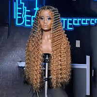 Instastyle 30 Inch Long Curly Synthetic Wigs For Black Women Skunk Deep Wave Wig Black Wig With Mix Blonde Highlights Side Part