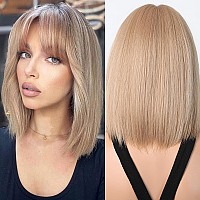 Allbell Blonde Bob Wig For Women 14In Straight Hair Blunt Cuts Wig With Bangs Natural Synthetic Wigs For Daily Party Use