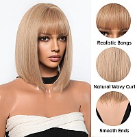 Allbell Blonde Bob Wig For Women 14In Straight Hair Blunt Cuts Wig With Bangs Natural Synthetic Wigs For Daily Party Use