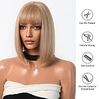 Allbell Blonde Bob Wig For Women 14In Straight Hair Blunt Cuts Wig With Bangs Natural Synthetic Wigs For Daily Party Use