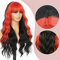 Evlynn Red And Black Wig With Bangs Long Curly Wavy Hair Natural Synthetic Wigs Half Red And Black Wigs Cosplay Party For Women