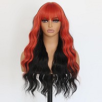 Evlynn Red And Black Wig With Bangs Long Curly Wavy Hair Natural Synthetic Wigs Half Red And Black Wigs Cosplay Party For Women