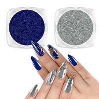 Allstarry Silver Chrome Nail Powder 2Pcs Metallic Royal Blue Mirror Effect Dust Glitter Glazed Manicure Decoration Reflective Pi