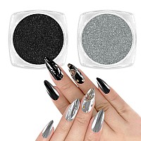 Allstarry Chrome Nail Powder 2Pcs Black Silver Metallic Mirror Effect Dust Glitter Glazed Manicure Decoration Reflective Pigment