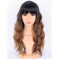 Symeiw Ombre Brown Wavy Wigs With Bangs For Women Medium Long Brown Synthetic Wigs Natural Wavy Black To Brown Wigs Heat Resista