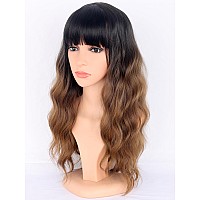 Symeiw Ombre Brown Wavy Wigs With Bangs For Women Medium Long Brown Synthetic Wigs Natural Wavy Black To Brown Wigs Heat Resista